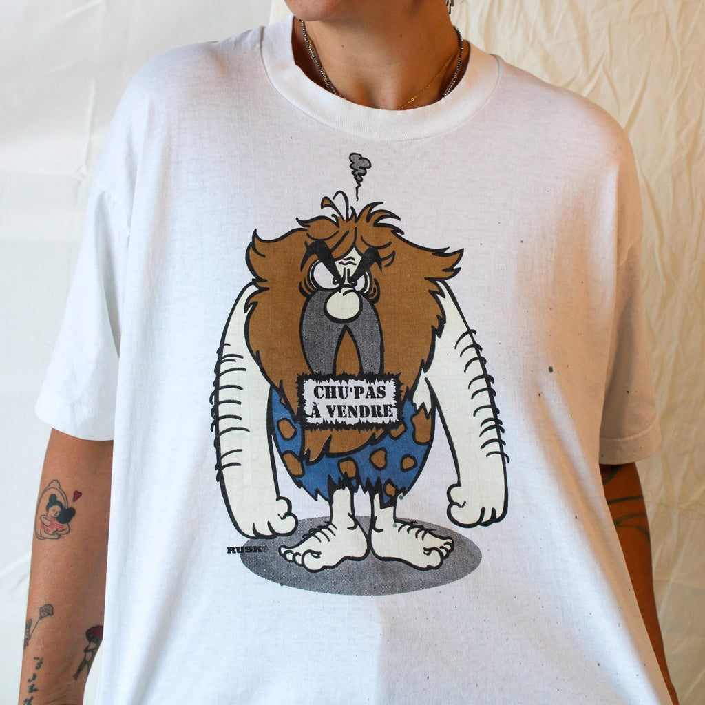 vintage 90s rusk “chu’ pas à vendre” cartoon single stitch tee – made in usa xl
