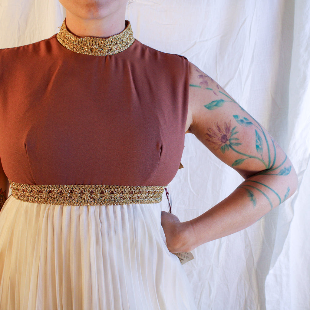 60s NOS gold collar micro pleat dress, image 2