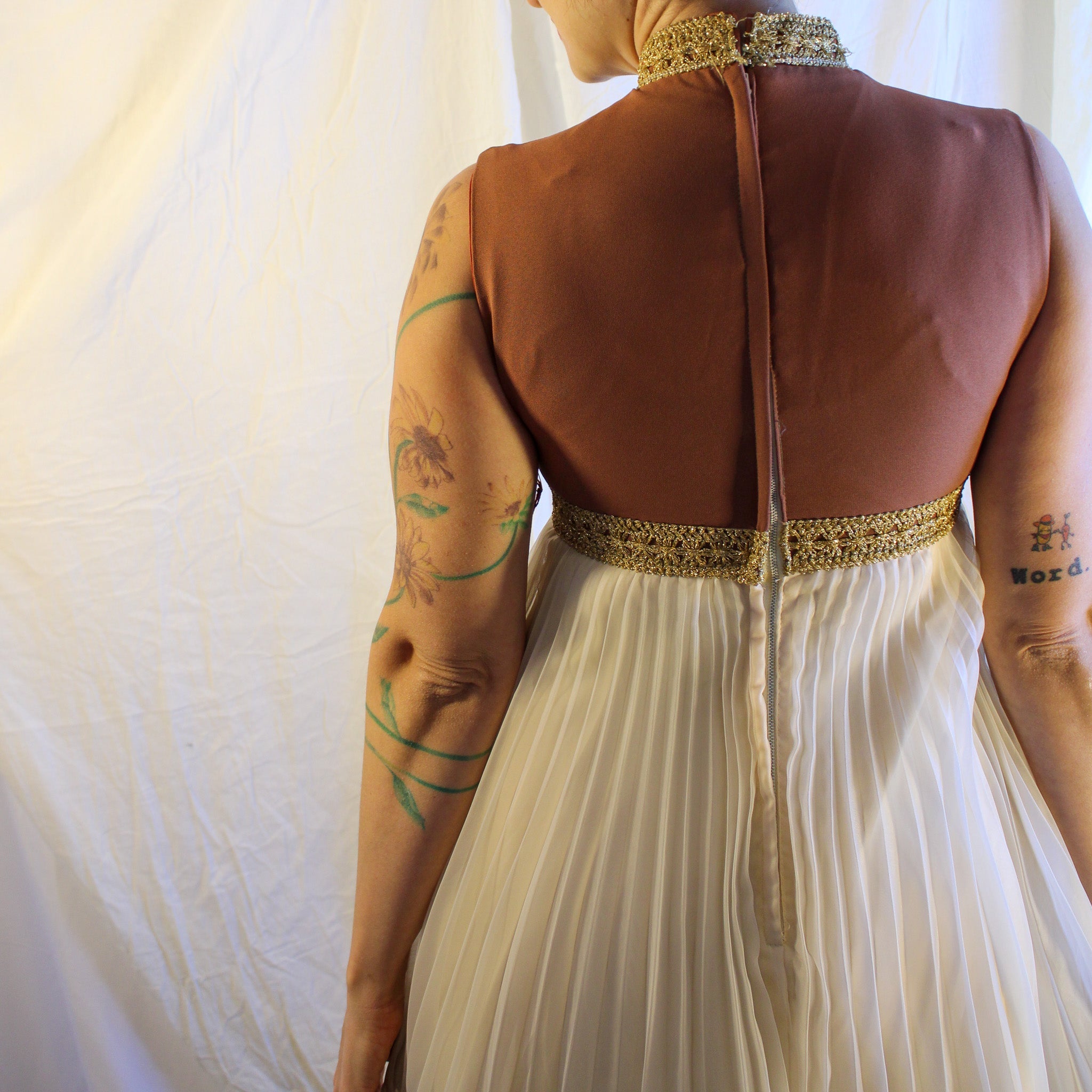 60s NOS gold collar micro pleat dress, image 6