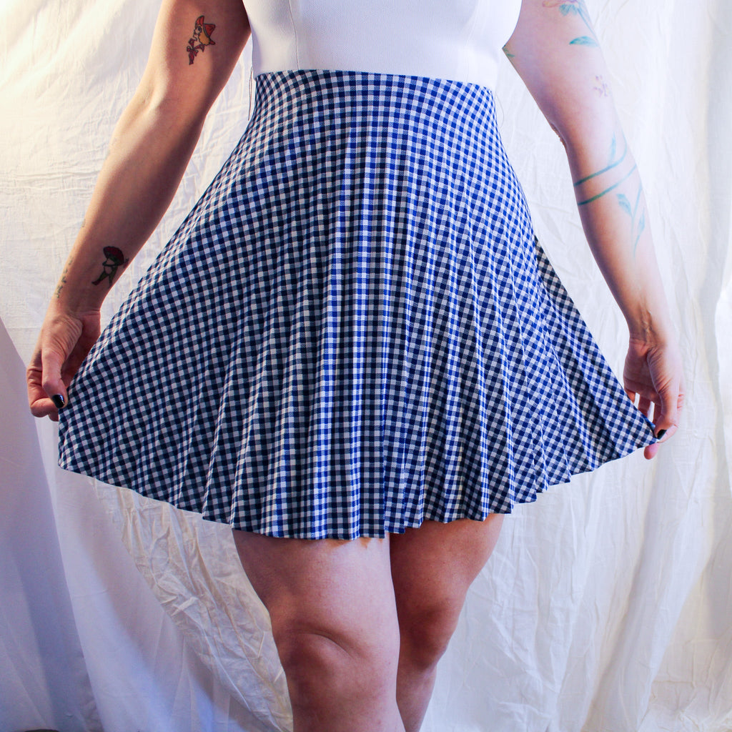 60s blue pleated gingham fit-and-flare mini dress 1