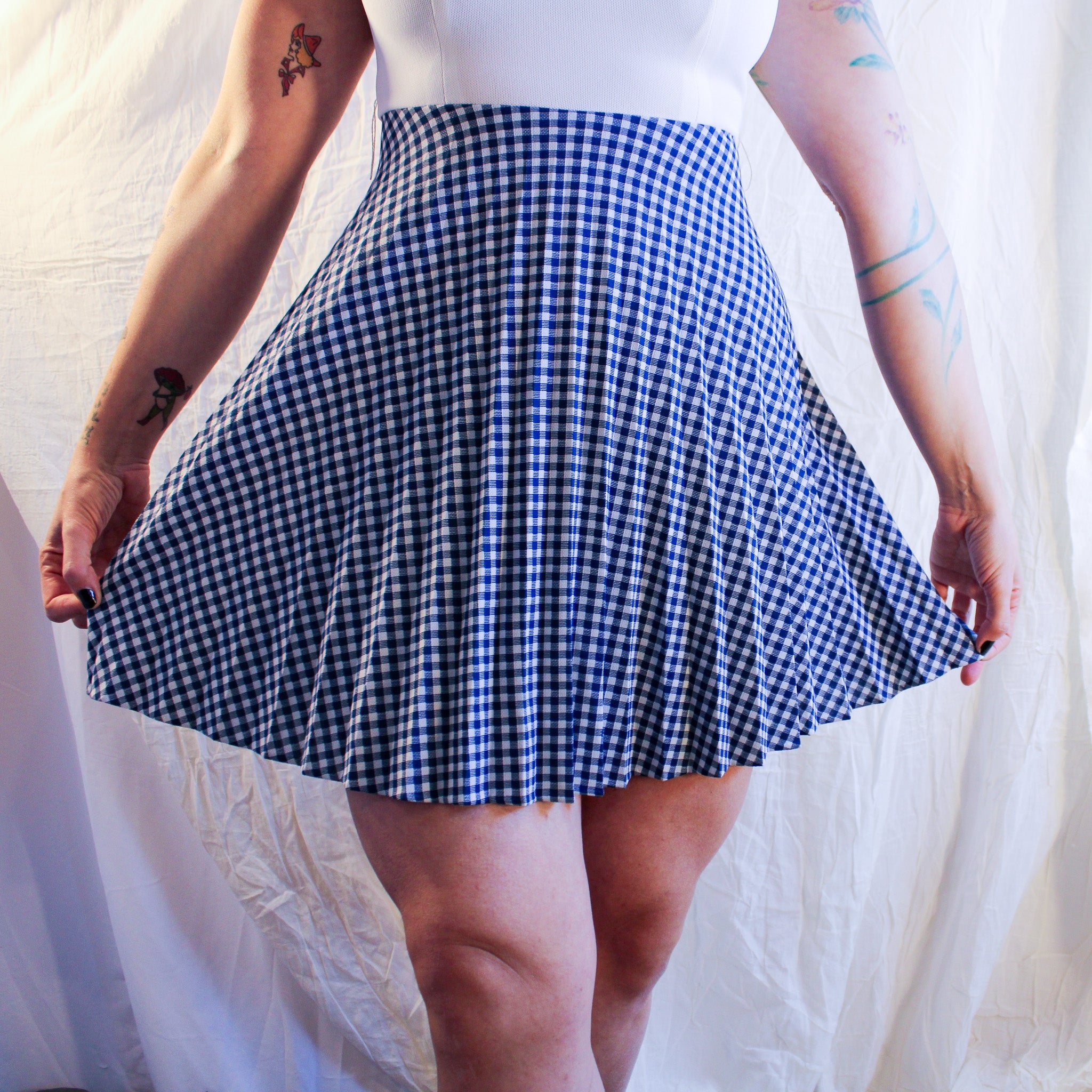 60s blue pleated gingham fit-and-flare mini dress 1