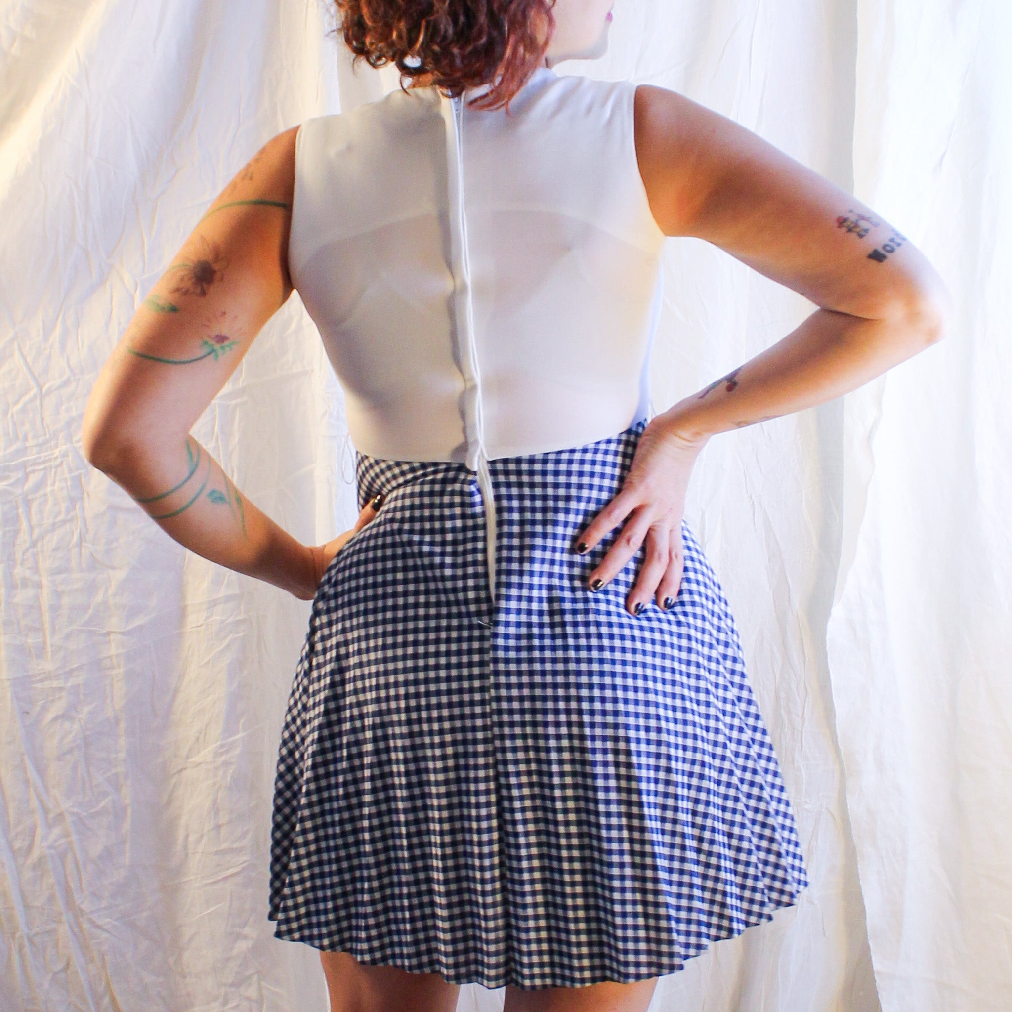 60s blue pleated gingham fit-and-flare mini dress 3
