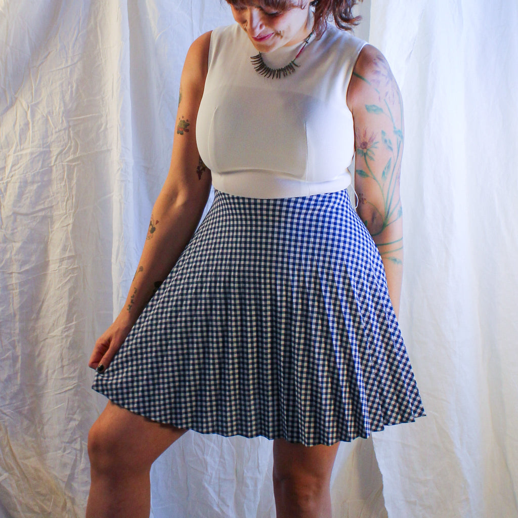 60s blue pleated gingham fit-and-flare mini dress 4