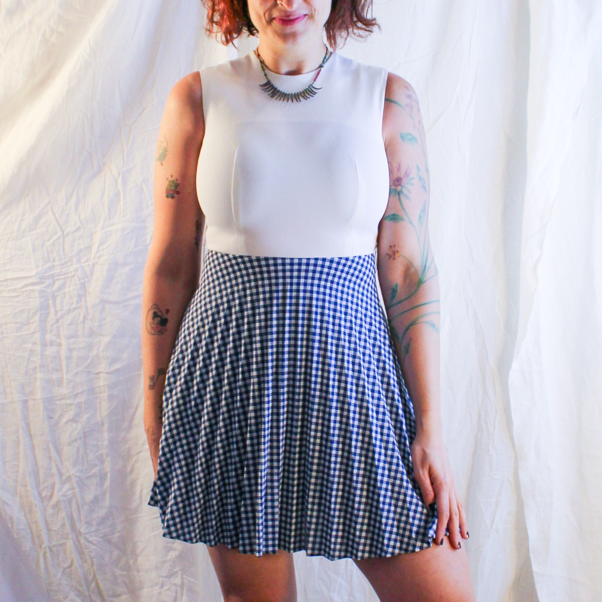 60s blue pleated gingham fit-and-flare mini dress 5