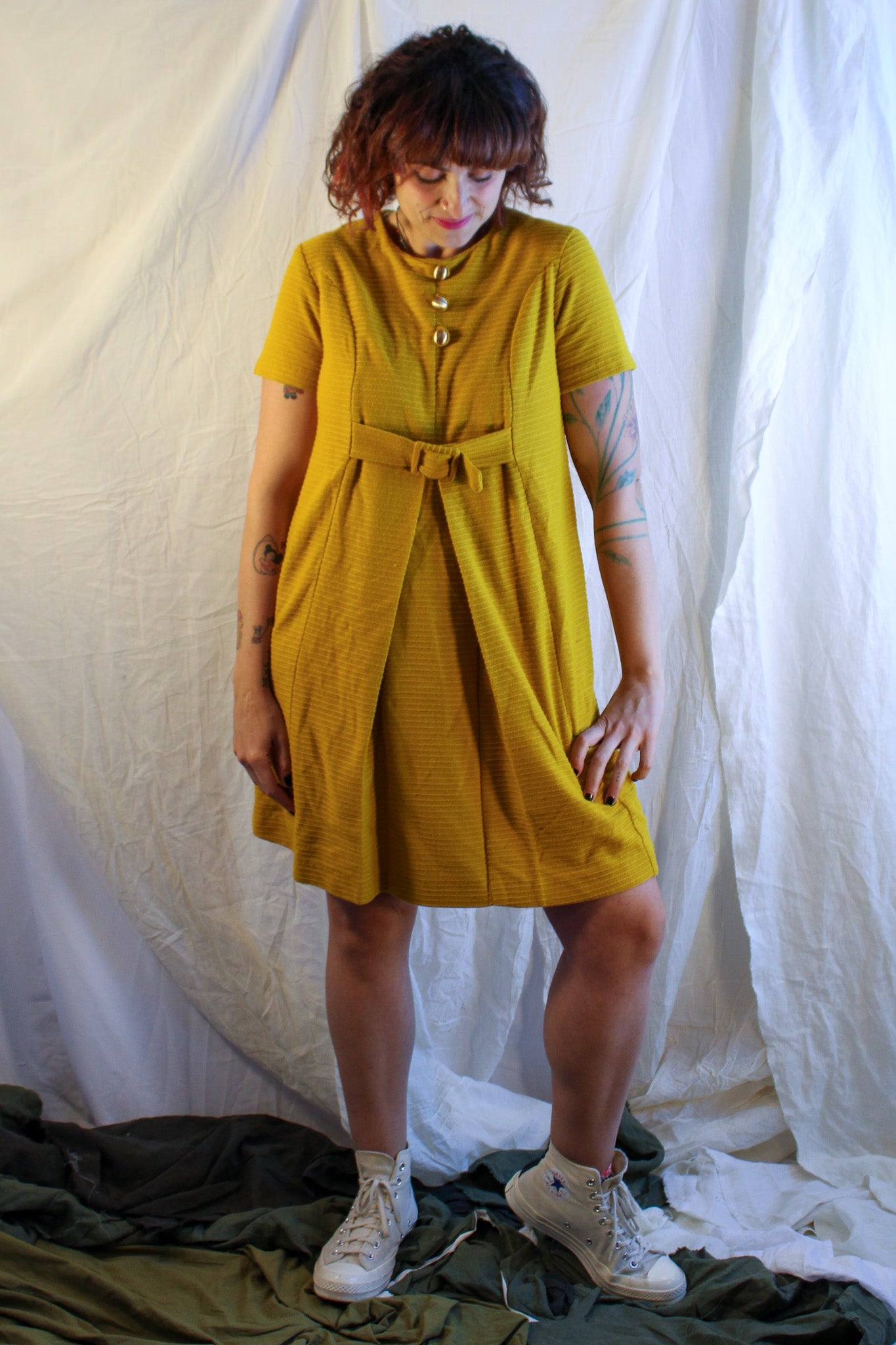 60s mustard textured mod dress with bow front, image 1