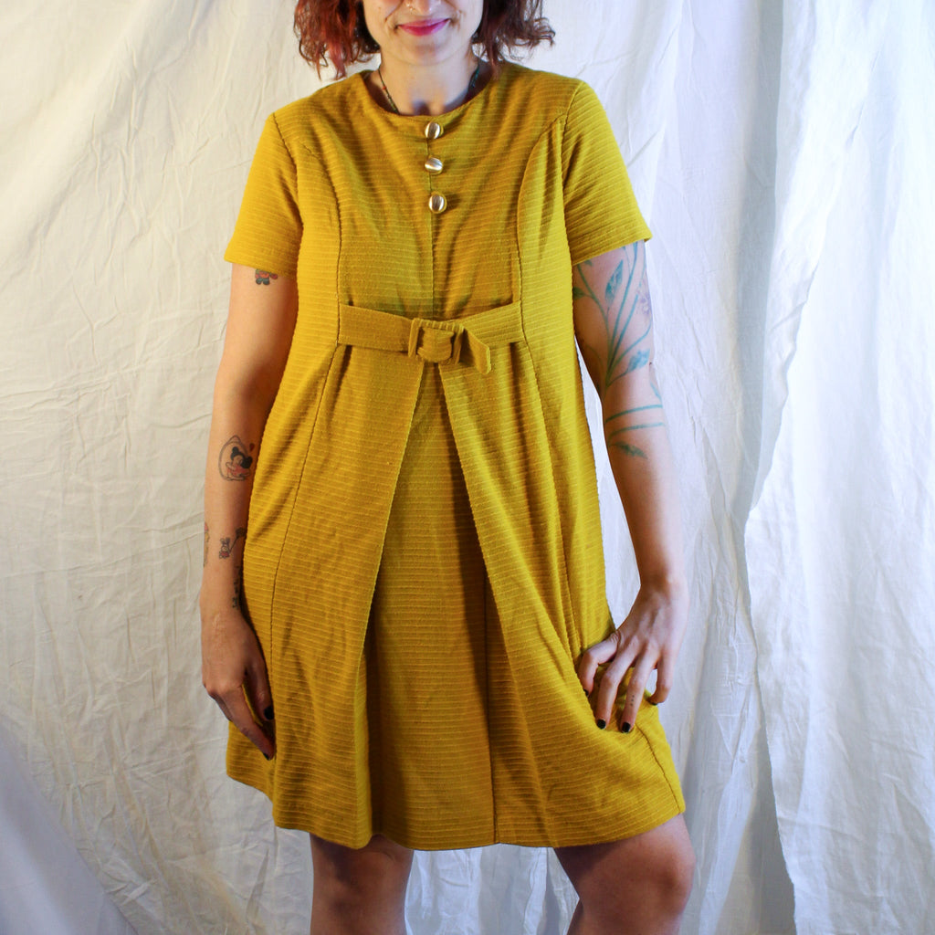 60s mustard textured mod dress with bow front, image 2