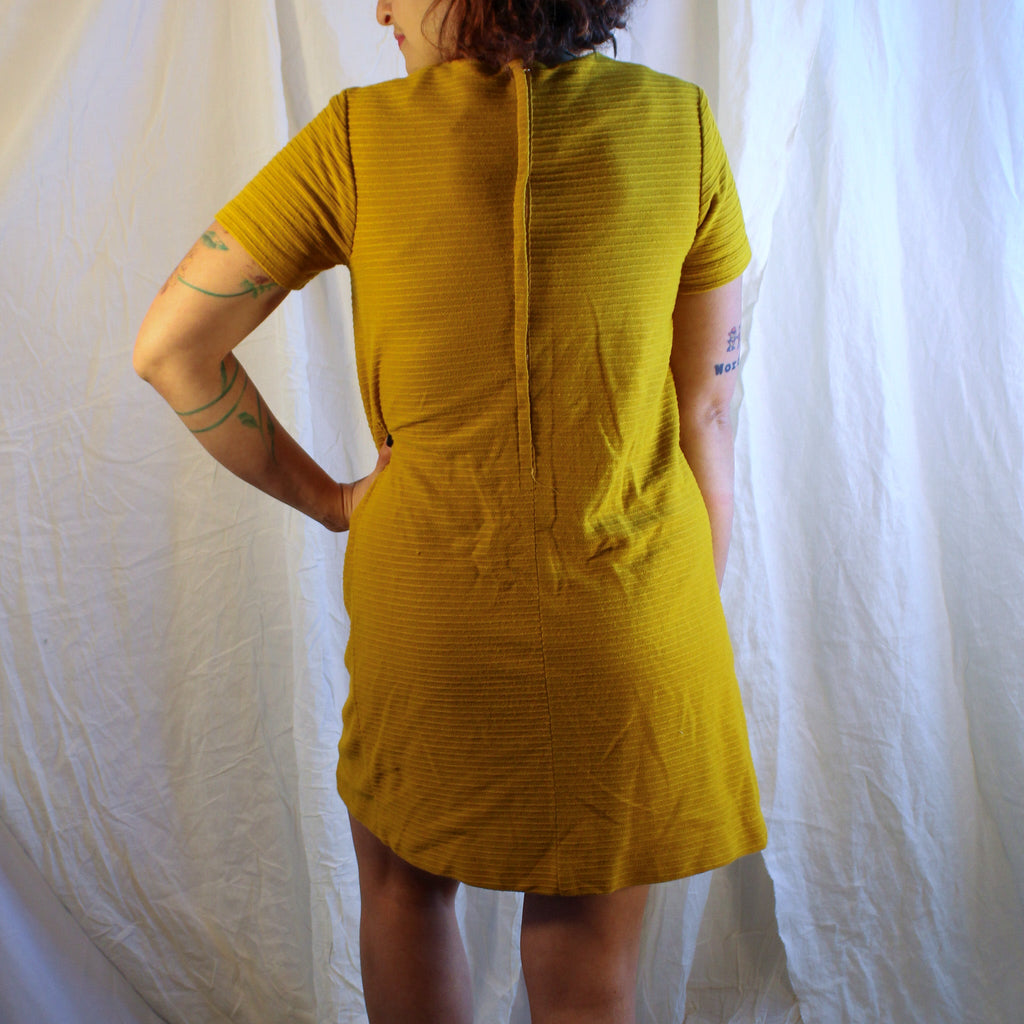60s mustard textured mod dress with bow front, image 3