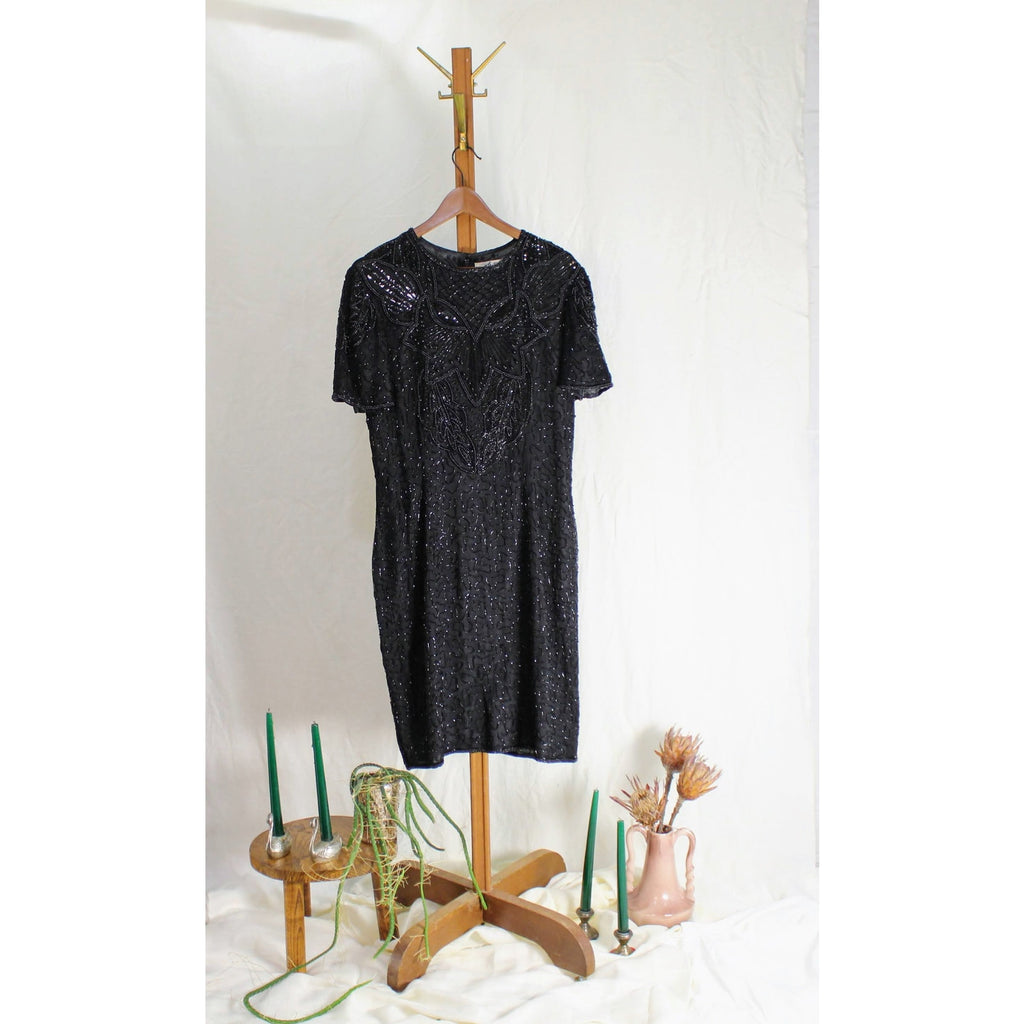 80s- vintage black beaded owl dress - silk - gothic glamour