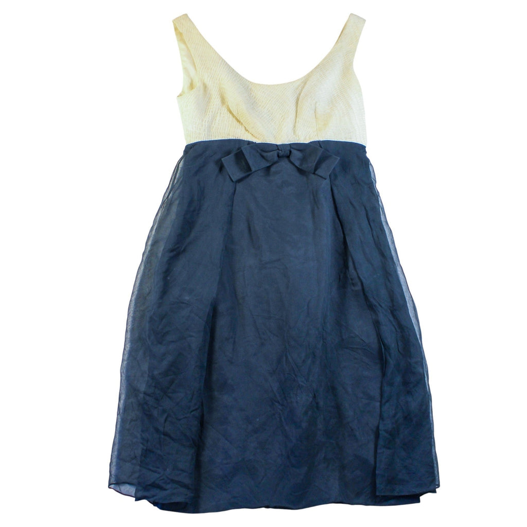 50s black and ivory bow cocktail dress with organza overlay