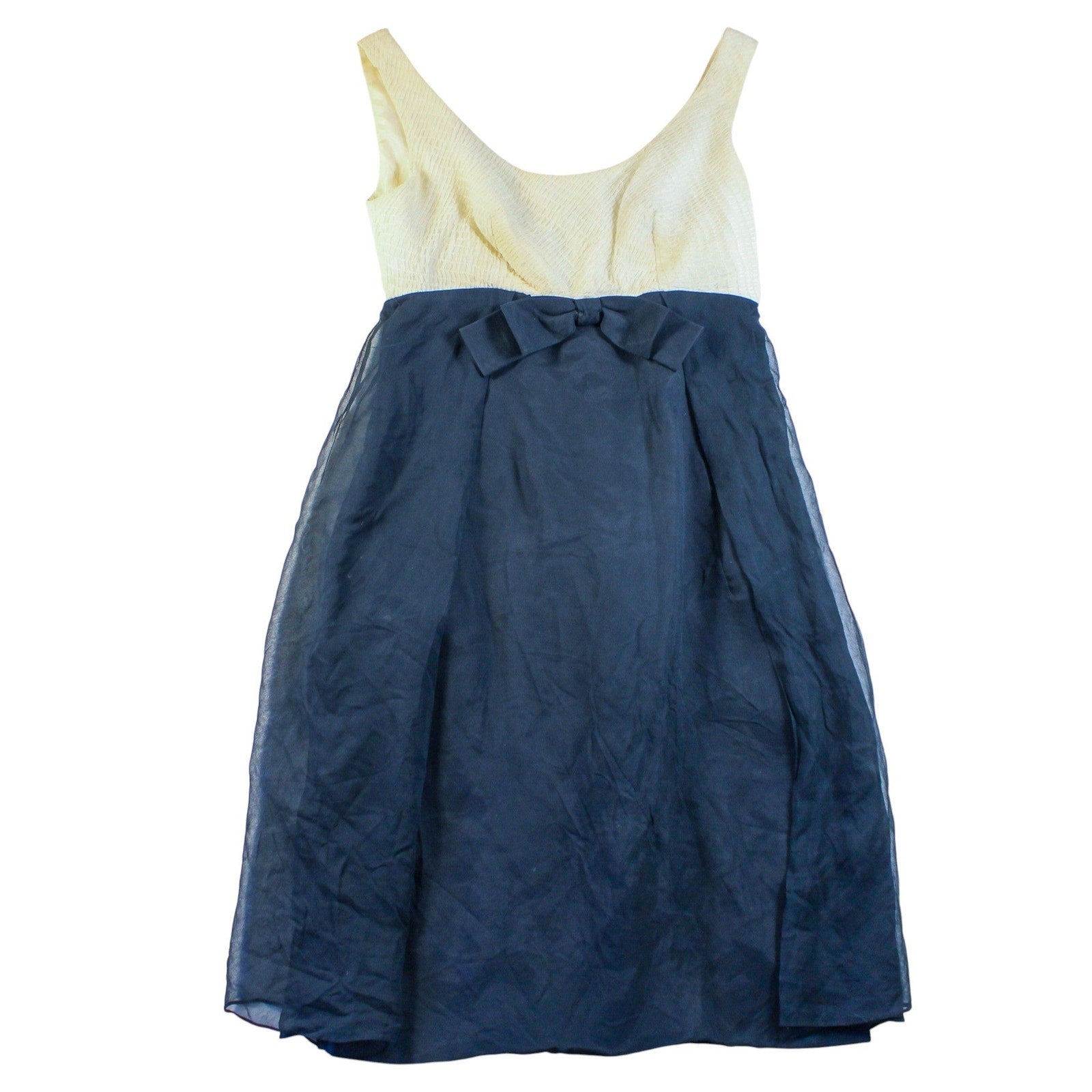 50s black and ivory bow cocktail dress with organza overlay