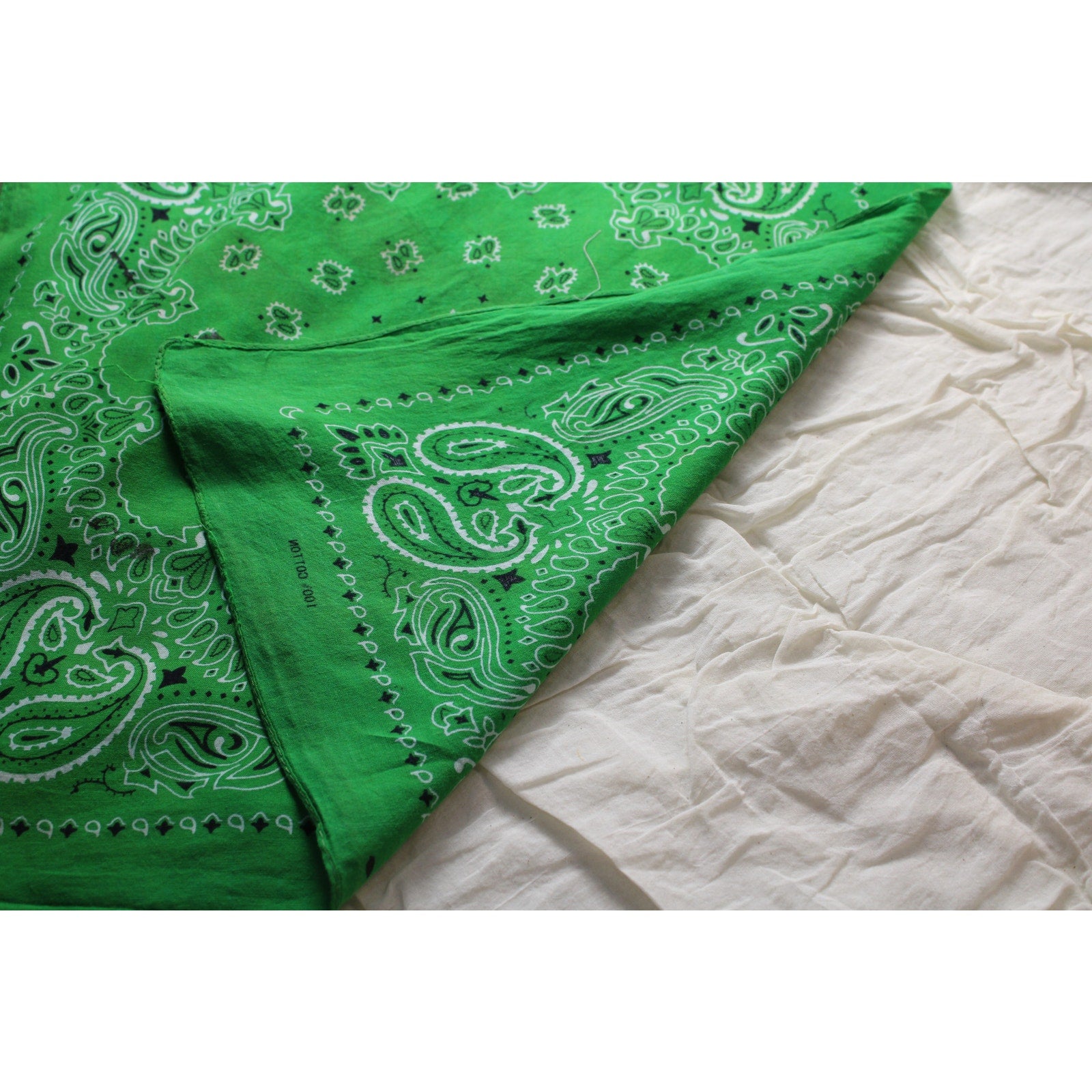 70s/80s Bright Green Distressed Paisley Bandana, 100% Cotton
