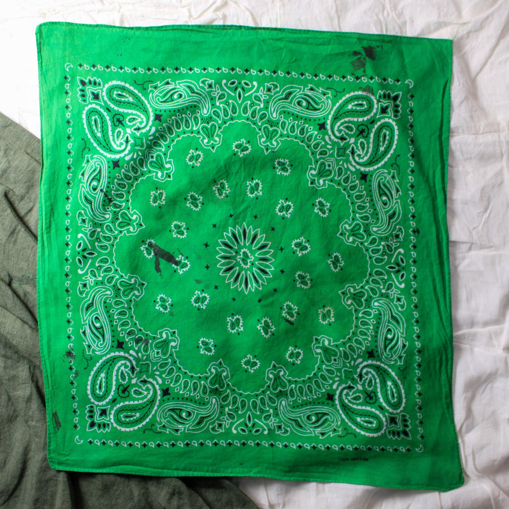 70s/80s Bright Green Distressed Paisley Bandana, 100% Cotton