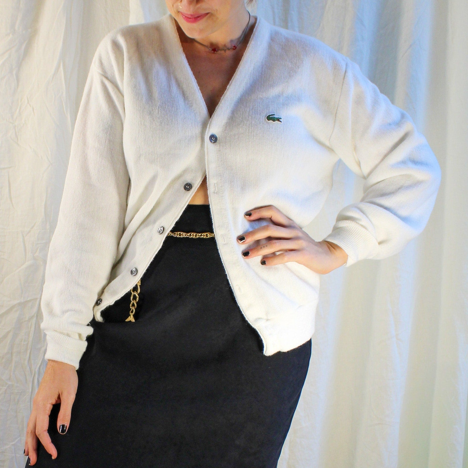 80s izod lacoste white orlon knit cardigan made in usa