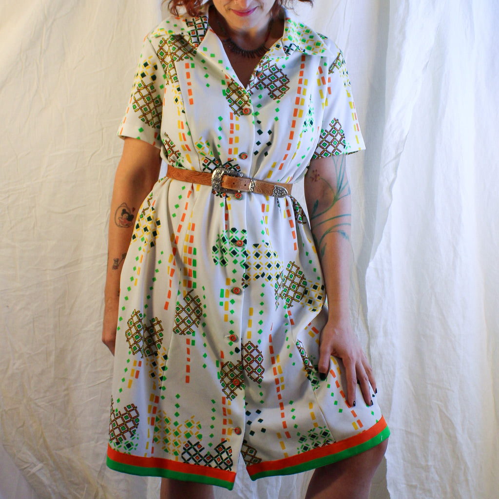 70s mod green orange shirtdress, image 1