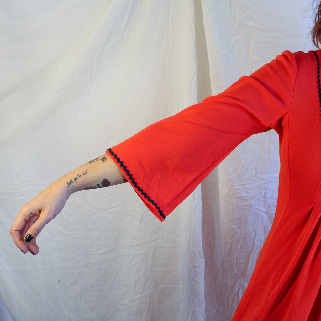 70s Red embroidered maxi dress with cross-stitch bib - image 1