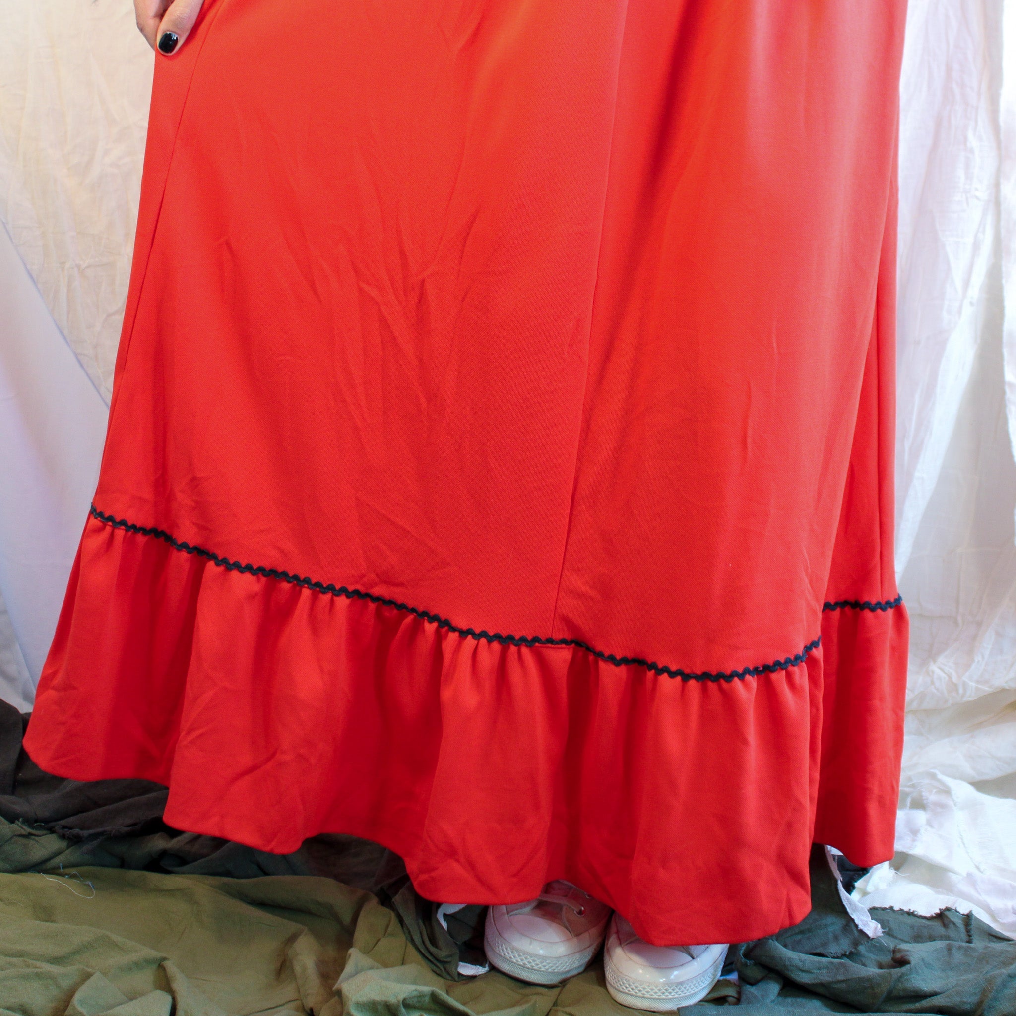 70s red embroidered maxi dress with cross-stitch