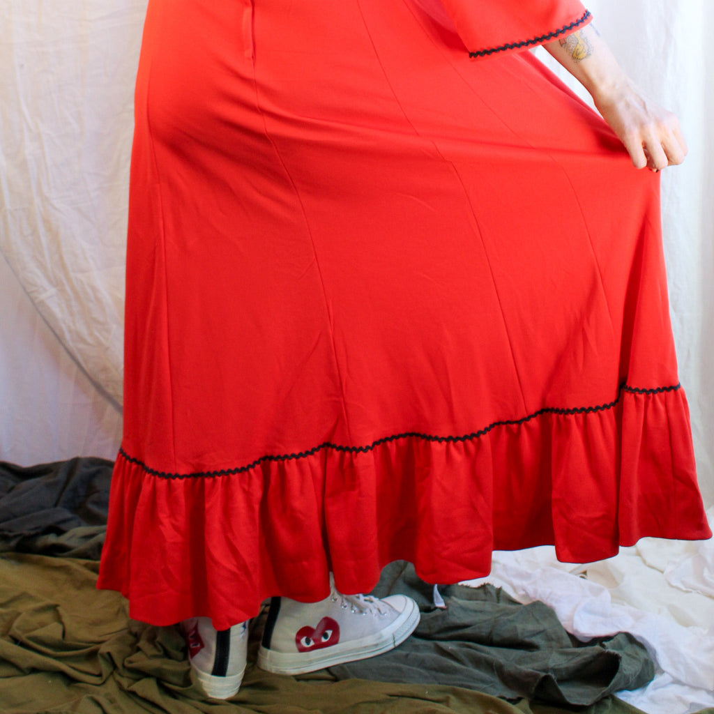 70s red embroidered maxi dress with cross-stitch