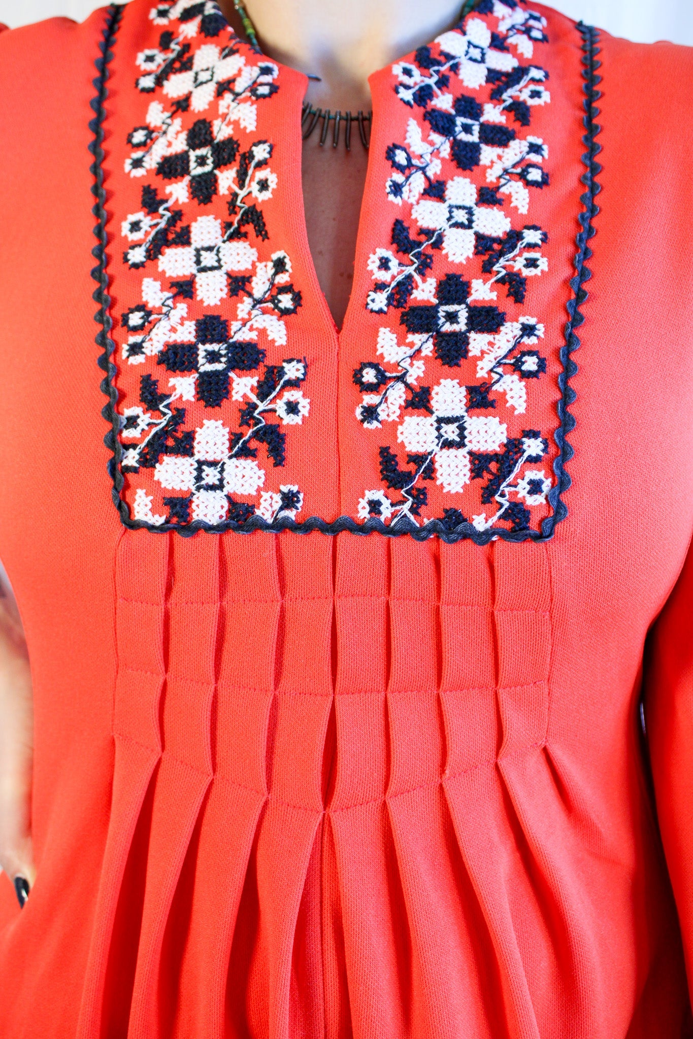 70s red embroidered maxi dress with cross-stitch