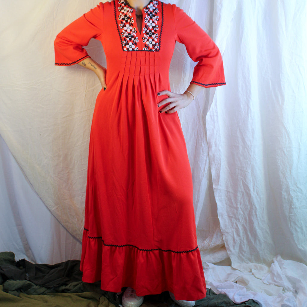 70s red embroidered maxi dress with cross-stitch