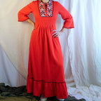 70s red embroidered maxi dress with cross-stitch