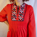 70s red embroidered maxi dress with cross-stitch