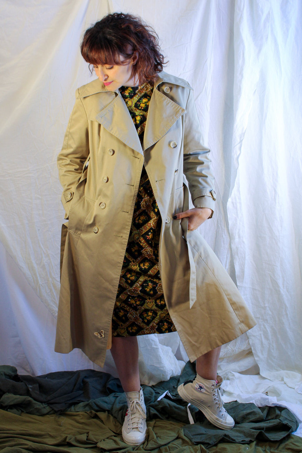 70s classic sears khaki trench coat with butterfly patch