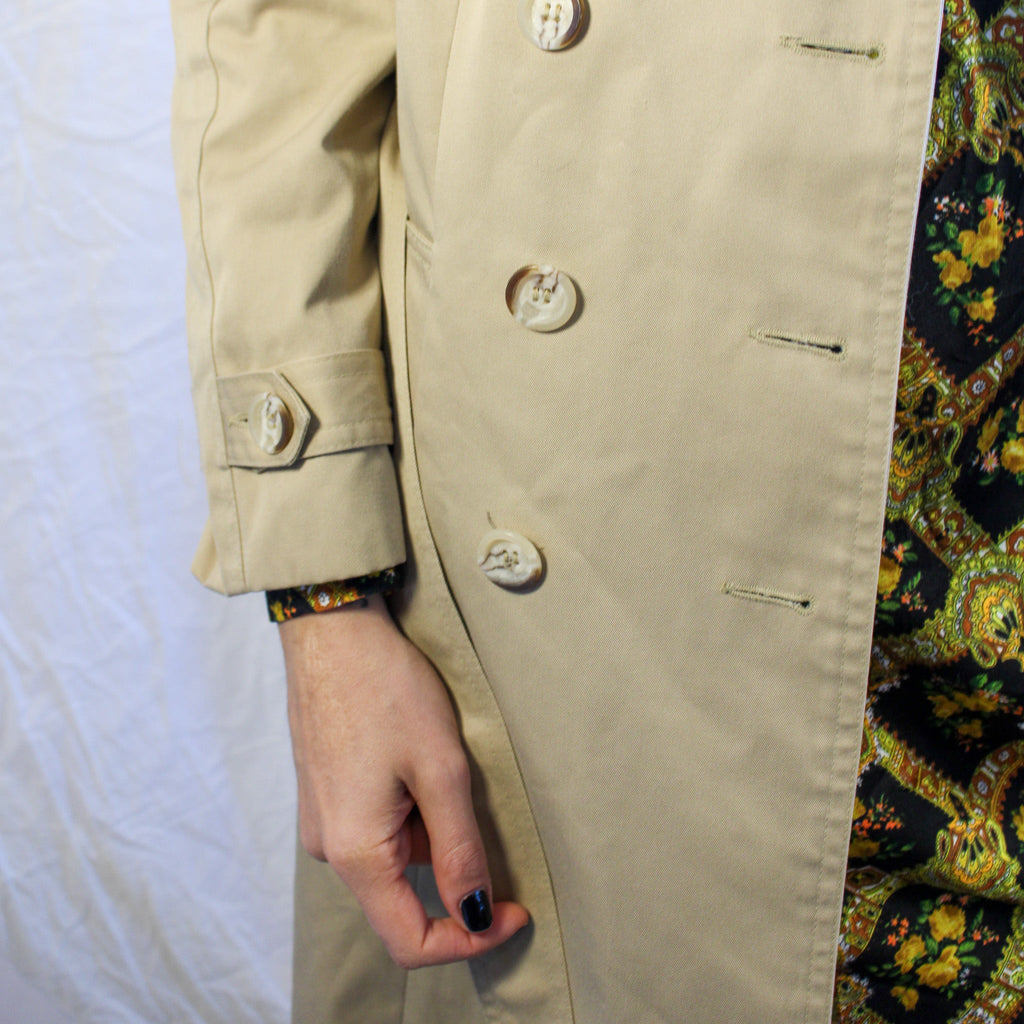 70s classic sears khaki trench coat with butterfly patch