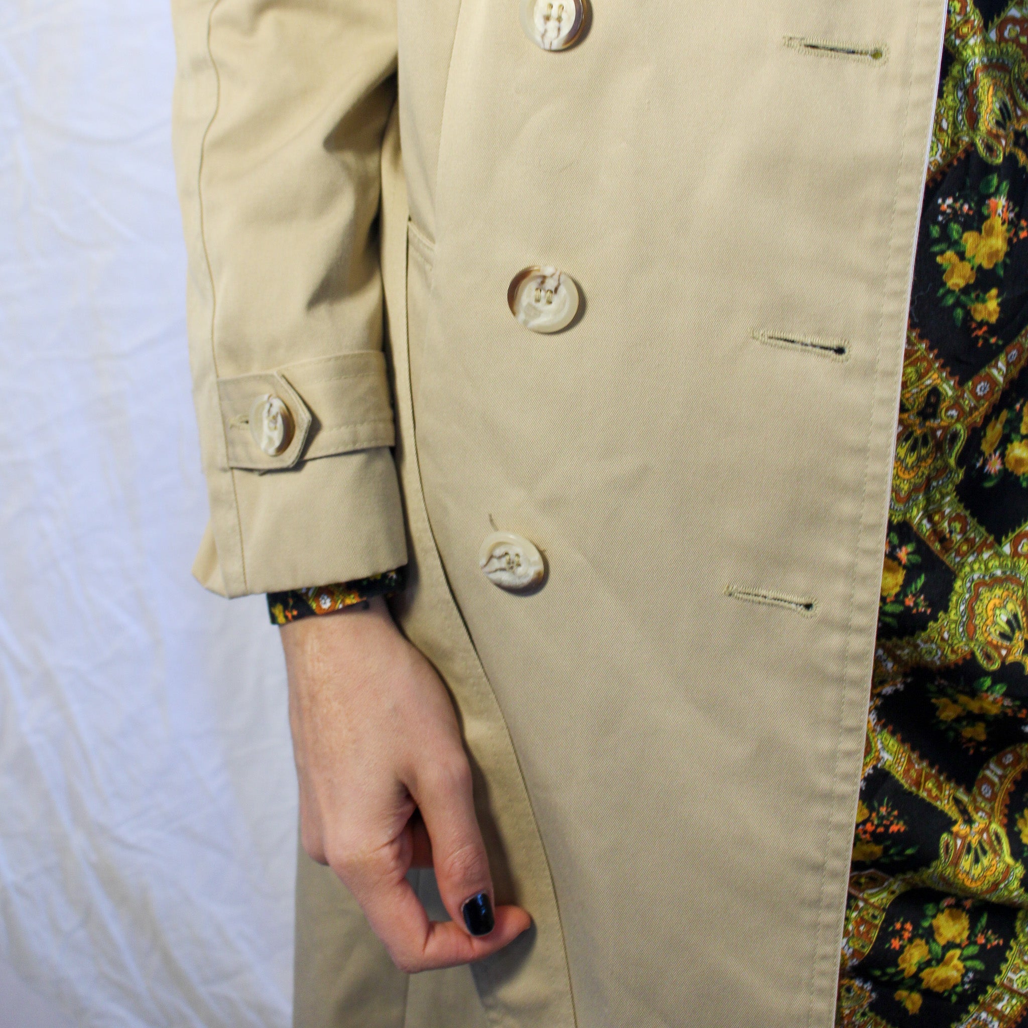 70s classic sears khaki trench coat with butterfly patch