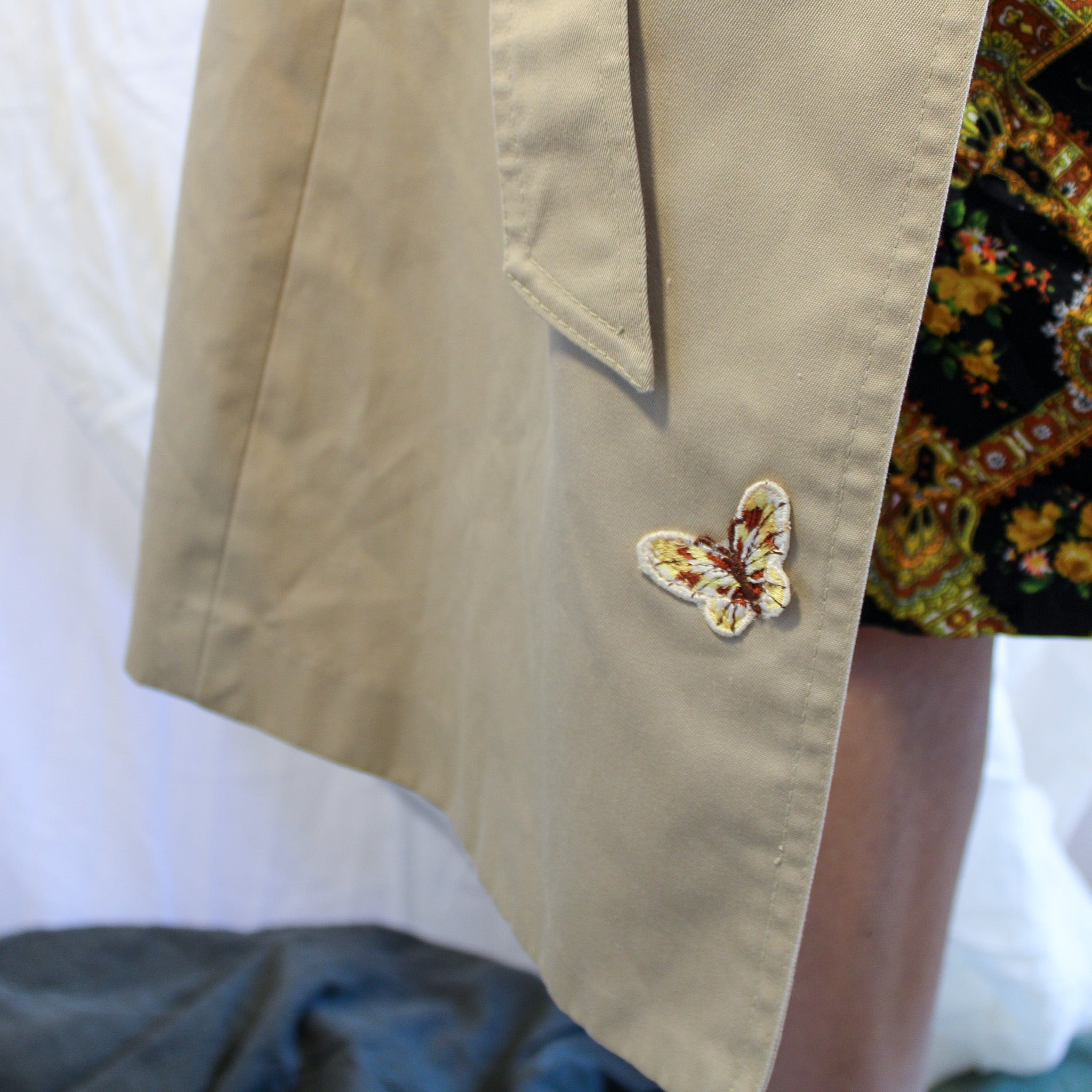 70s classic sears khaki trench coat with butterfly patch