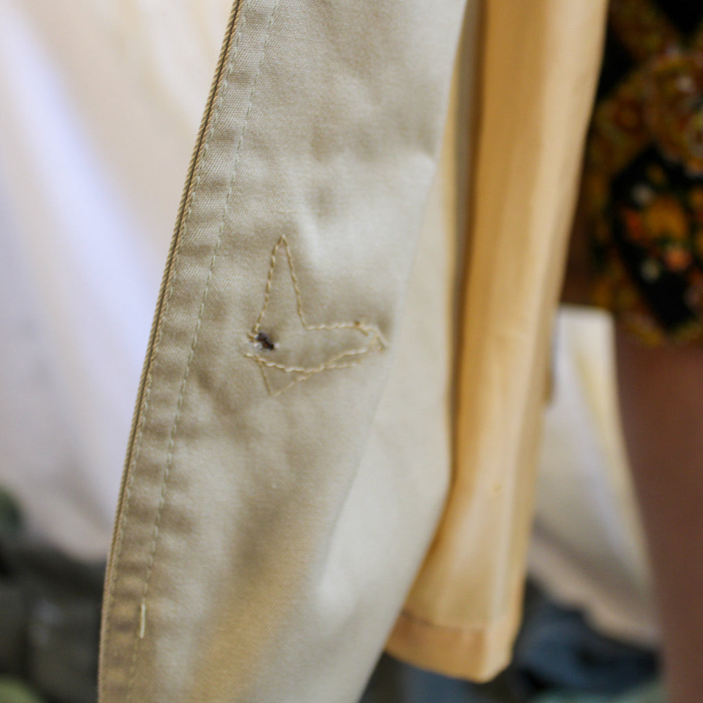 70s classic sears khaki trench coat with butterfly patch