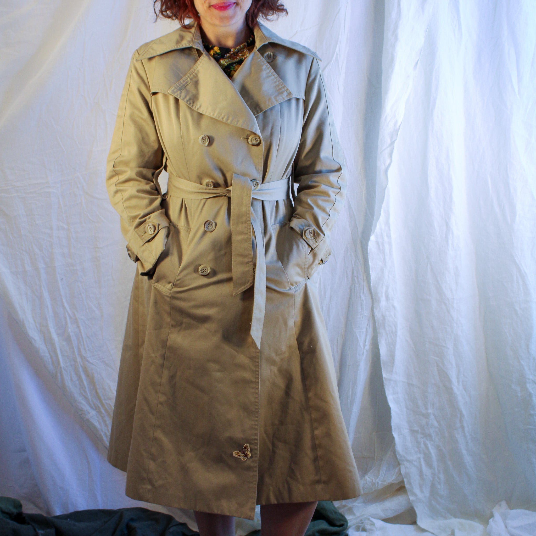 70s classic sears khaki trench coat with butterfly patch