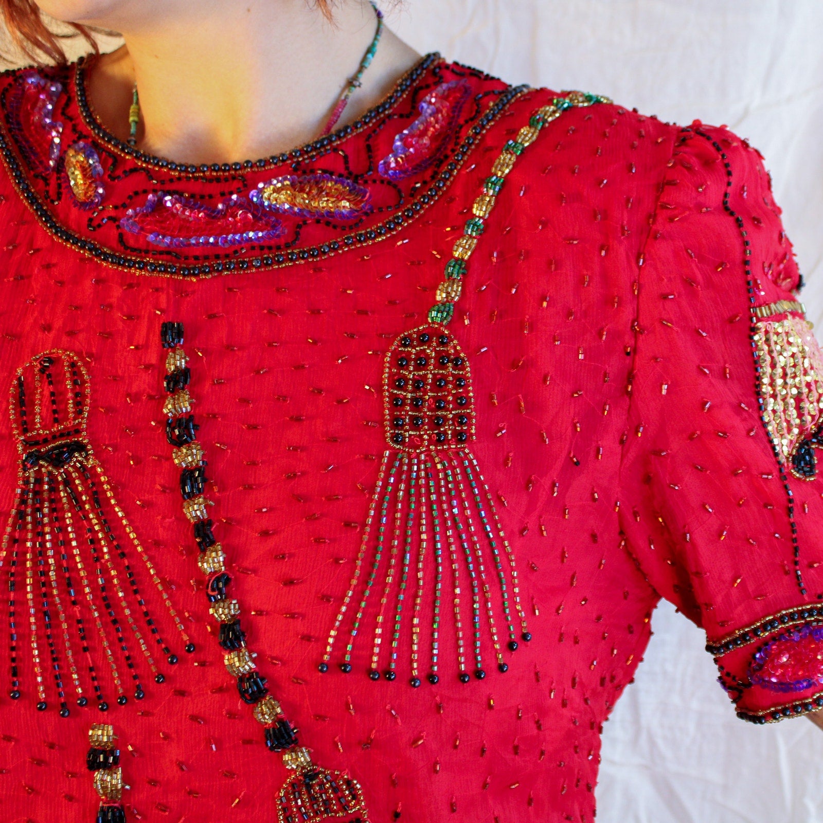 80s spellbinding red silk beaded “witch’s broom” top
