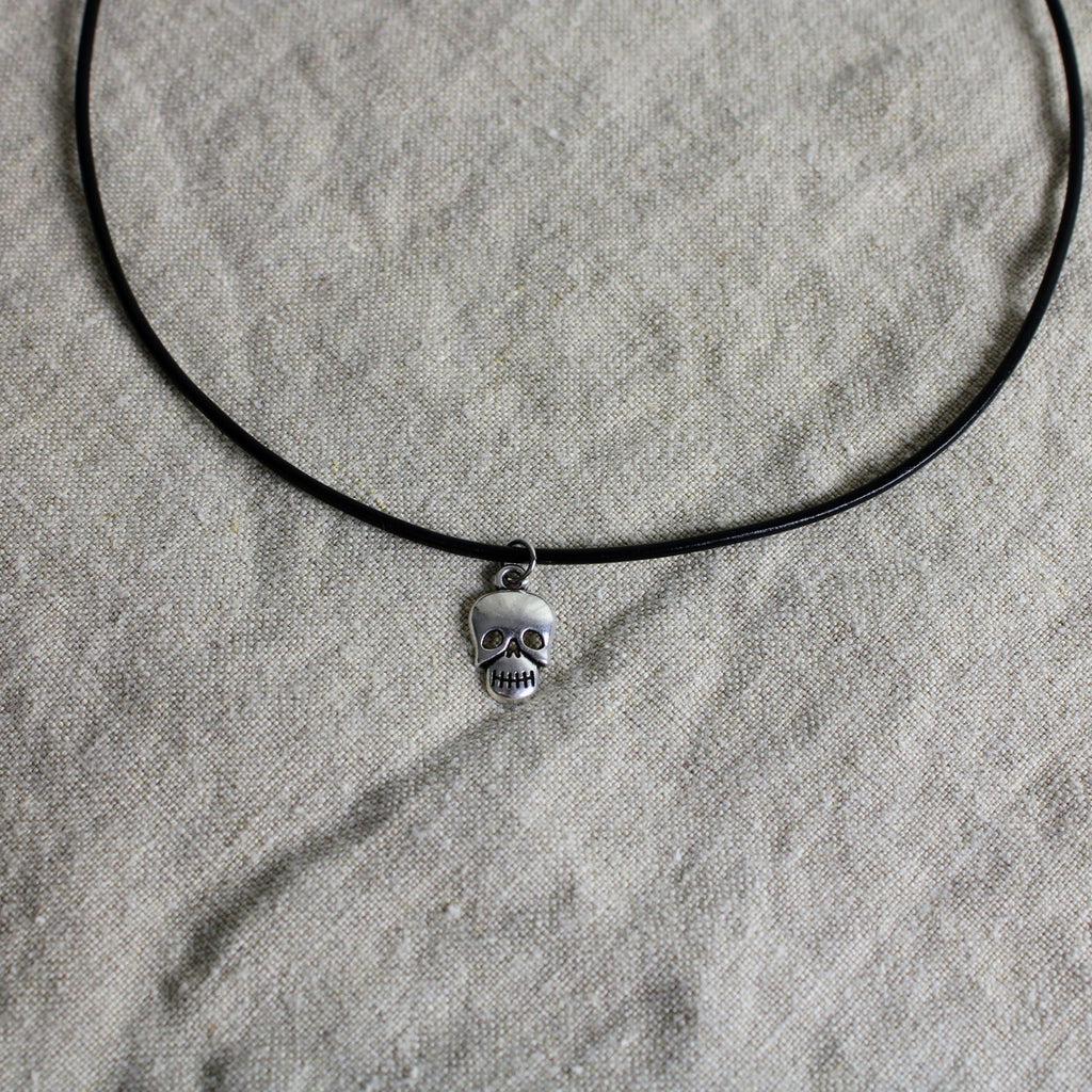 60s skull charm leather choker necklace - remade