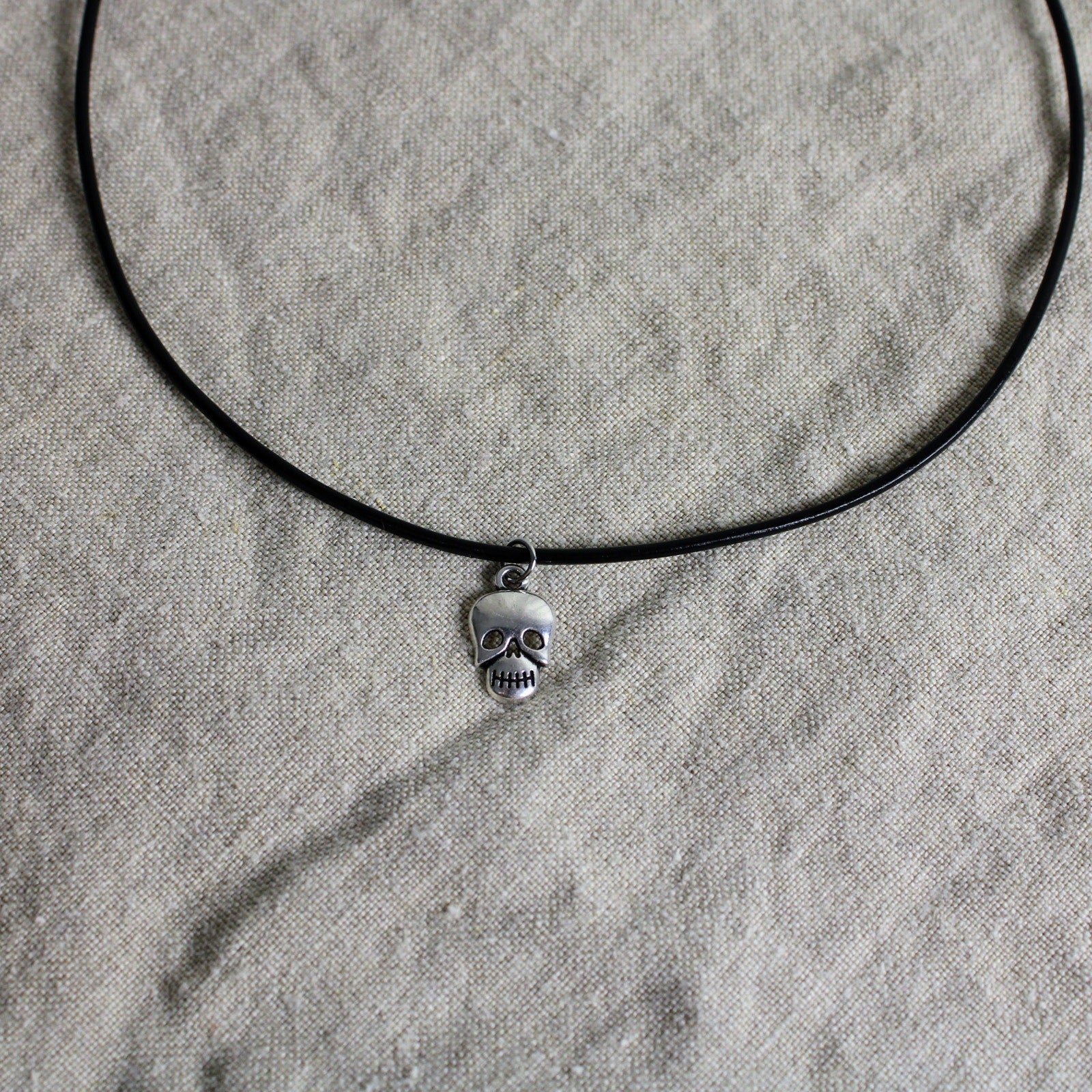 60s skull charm leather choker necklace - remade