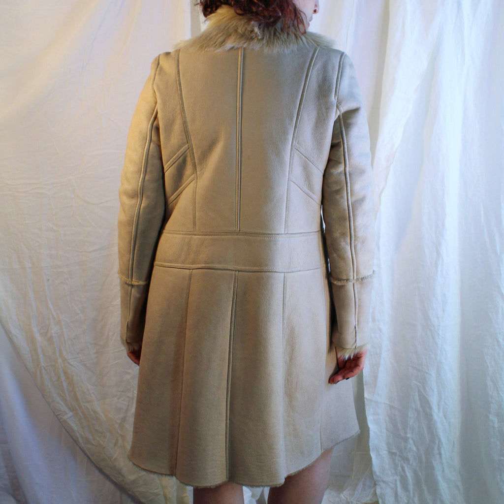 90s vintage lambskin patchwork shearling coat with fur trim - a modern penny lane