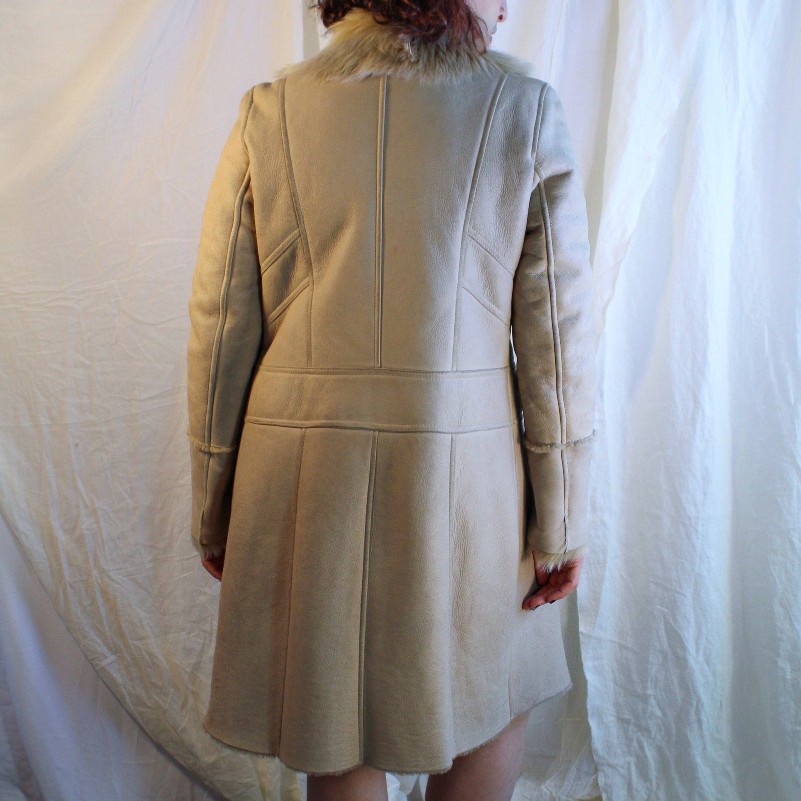 90s vintage lambskin patchwork shearling coat with fur trim - a modern penny lane