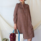 70s brown floral prairie dress with ruffle collar