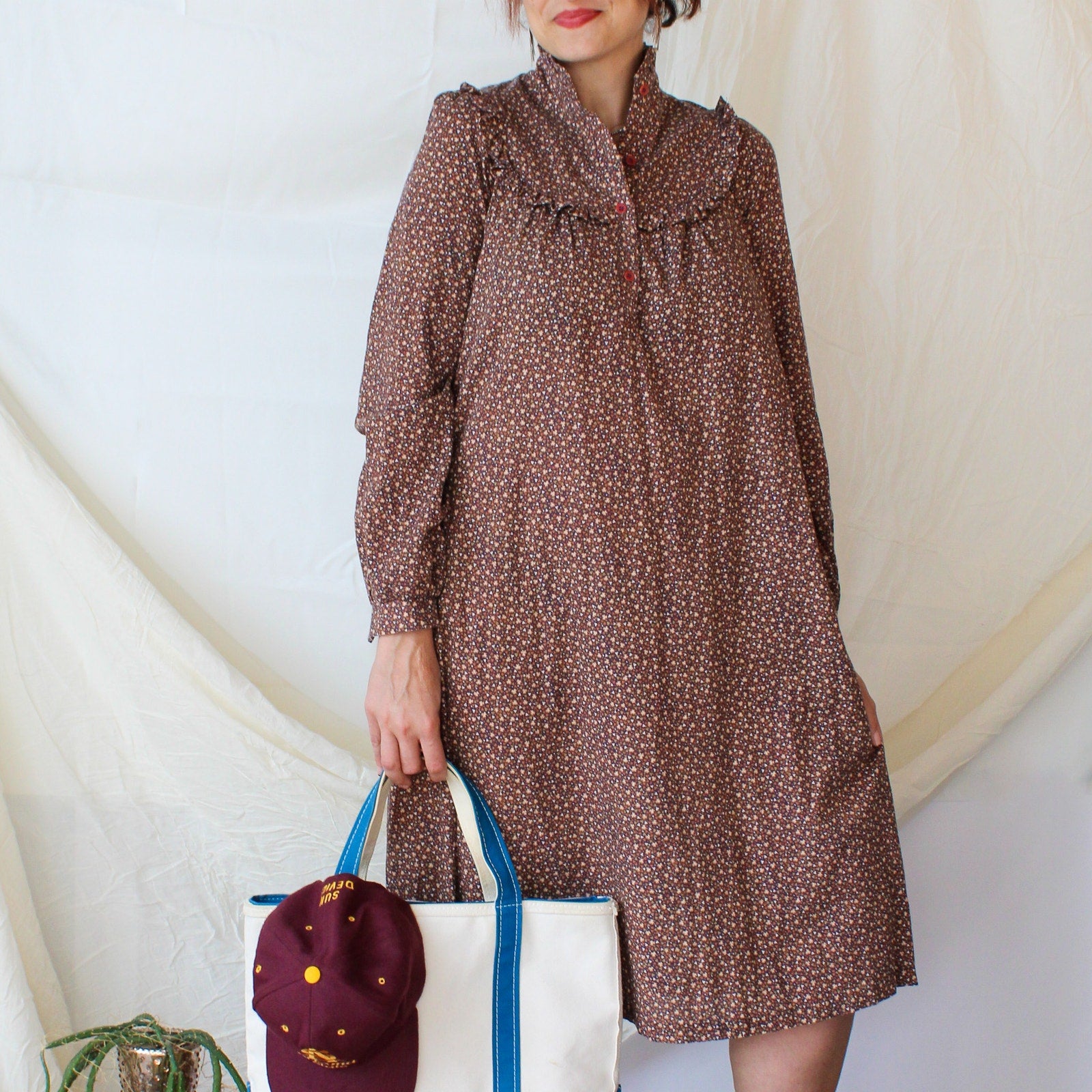 70s brown floral prairie dress with ruffle collar