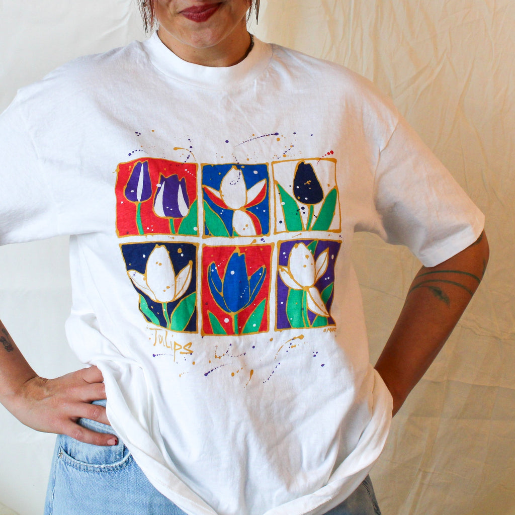 90s hanes beefy-t “tulips” graphic tee by maret – xl made in usa