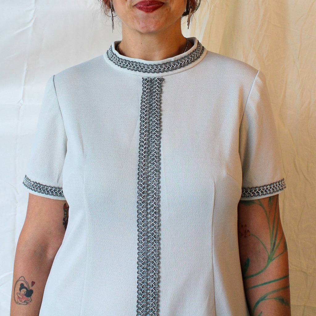 70s silver maxi dress with metallic braid trim
