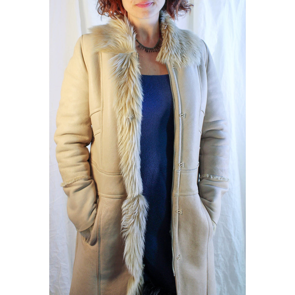 90s vintage lambskin patchwork shearling coat with fur trim - a modern penny lane