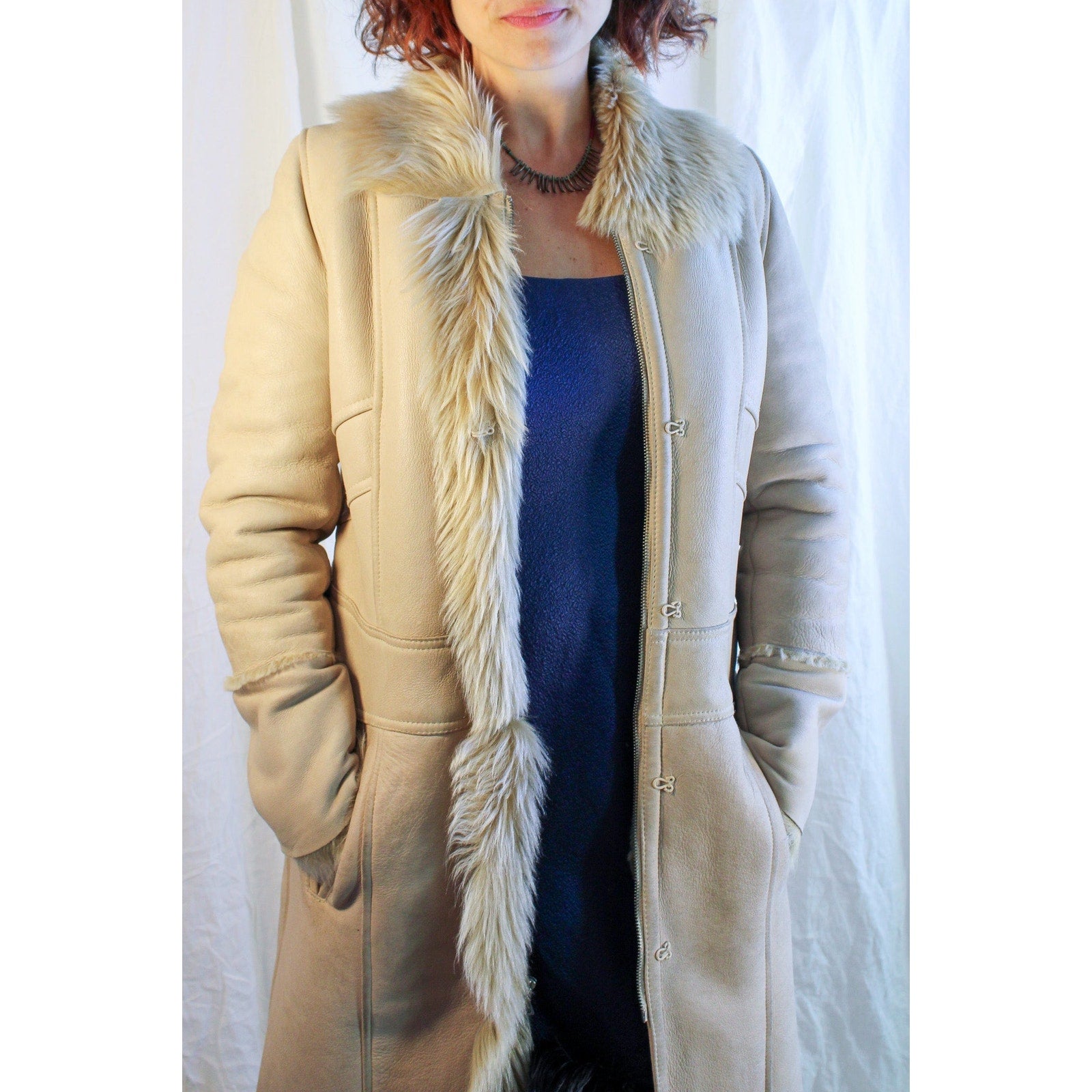 90s vintage lambskin patchwork shearling coat with fur trim - a modern penny lane