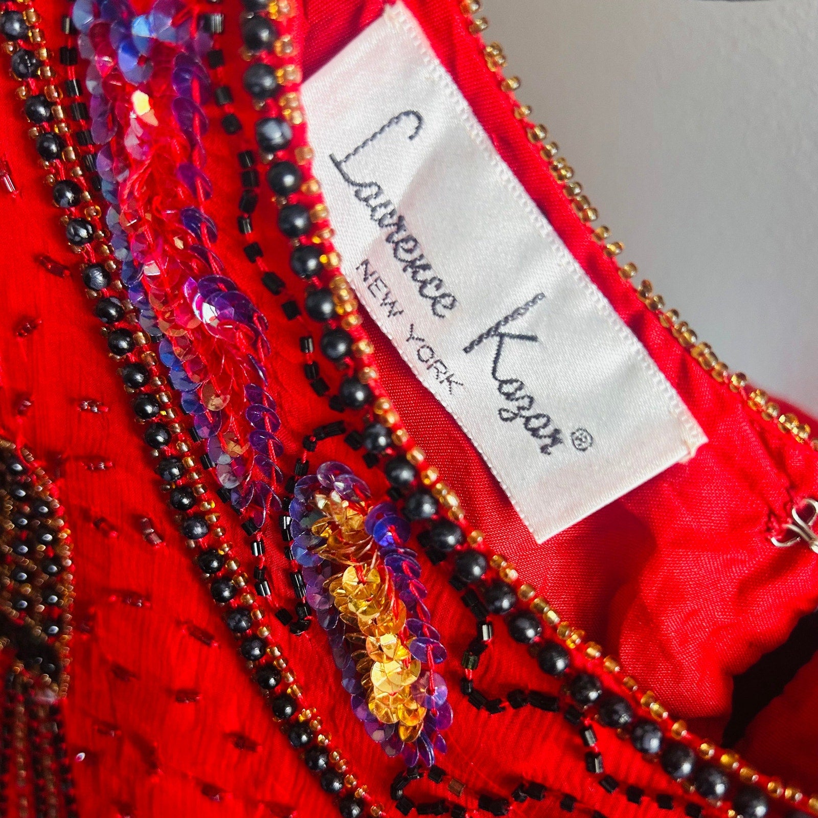 80s spellbinding red silk beaded “witch’s broom” top