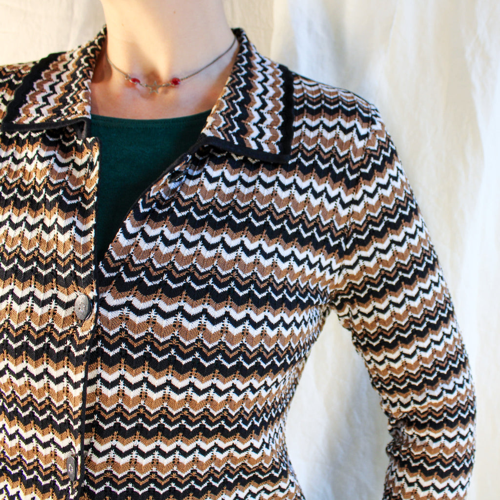 Front on model chevron knit collared cardigan