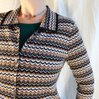 Front on model chevron knit collared cardigan