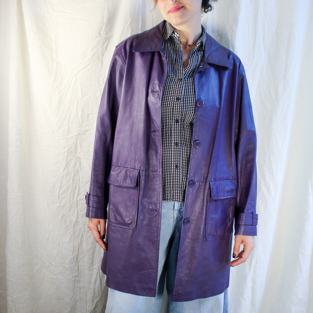 90s vintage purple 100% leather car coat