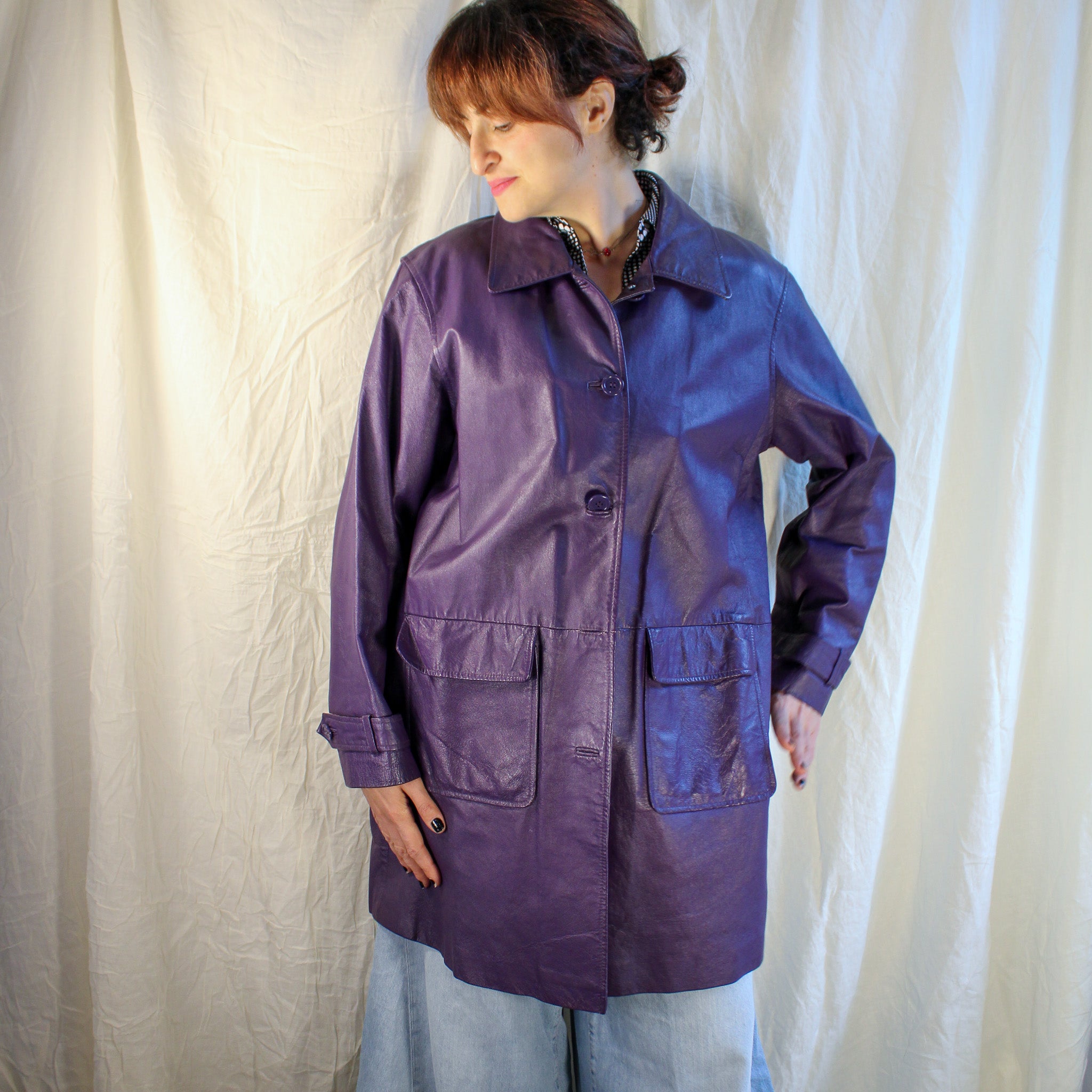 90s vintage purple 100% leather car coat