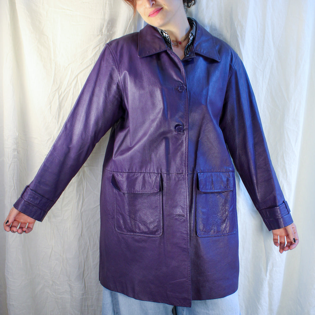 90s vintage purple 100% leather car coat