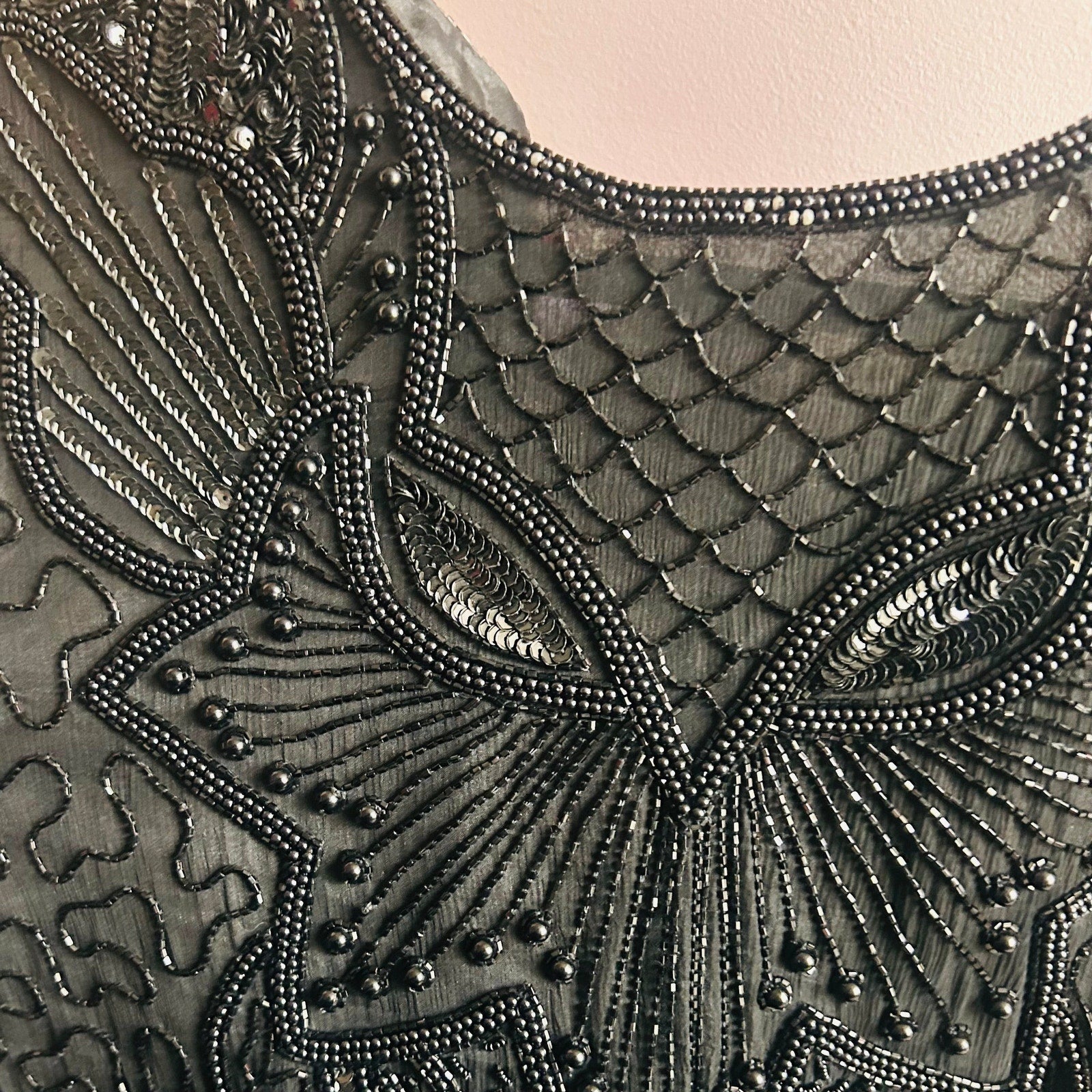 80s- vintage black beaded owl dress - silk - gothic glamour