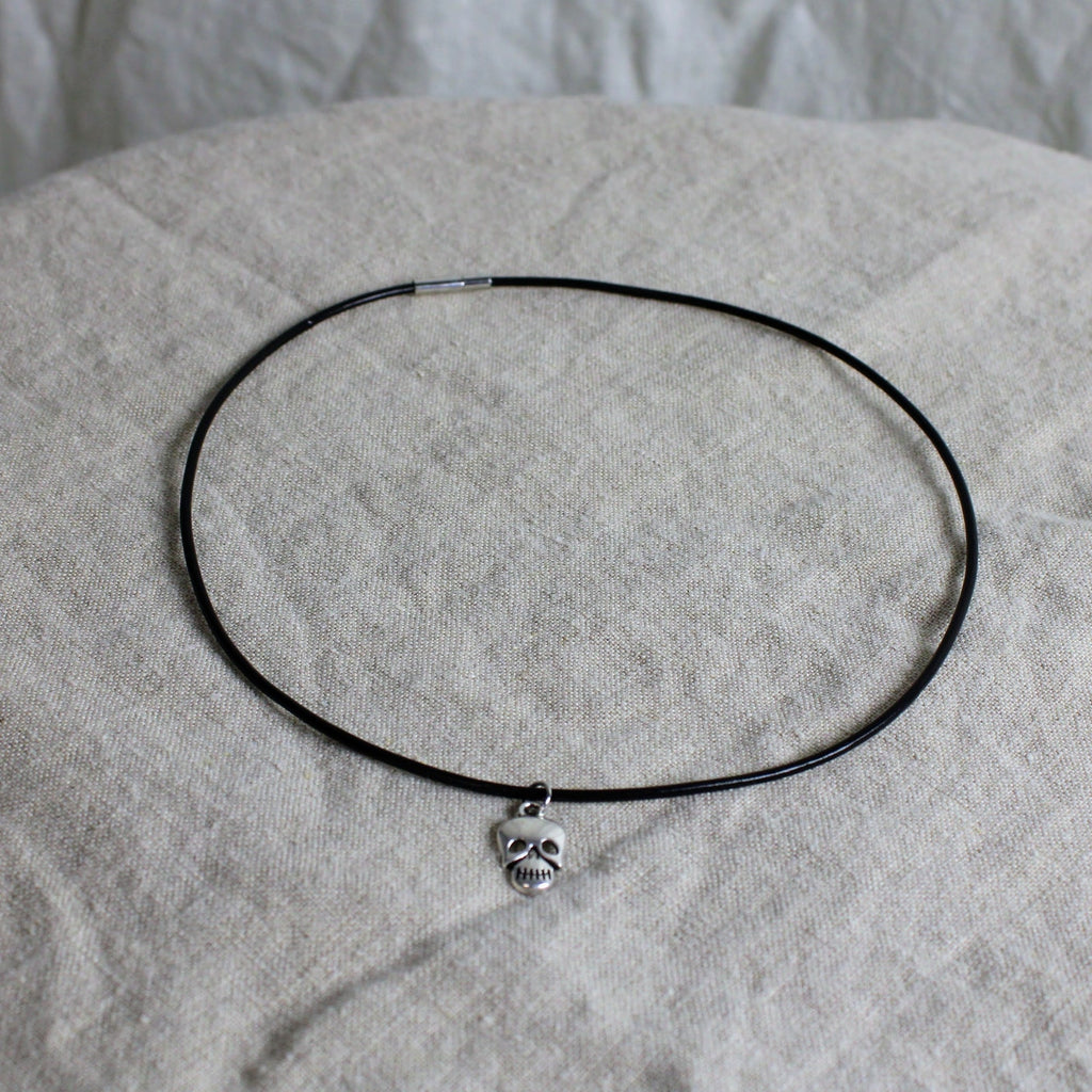 60s skull charm leather choker necklace - remade